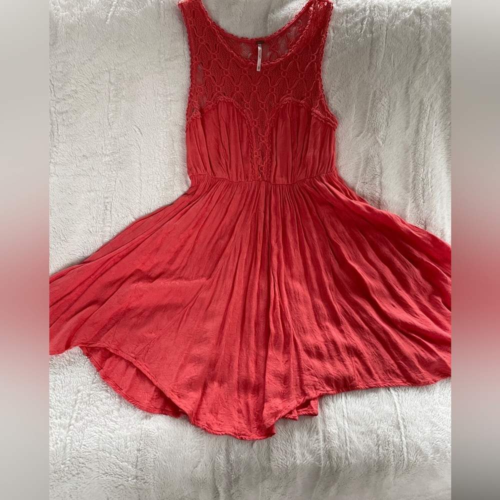 Free People Coral Fiesta Crochet Lace Dress Sleeveless Asymmetrical Hem XS